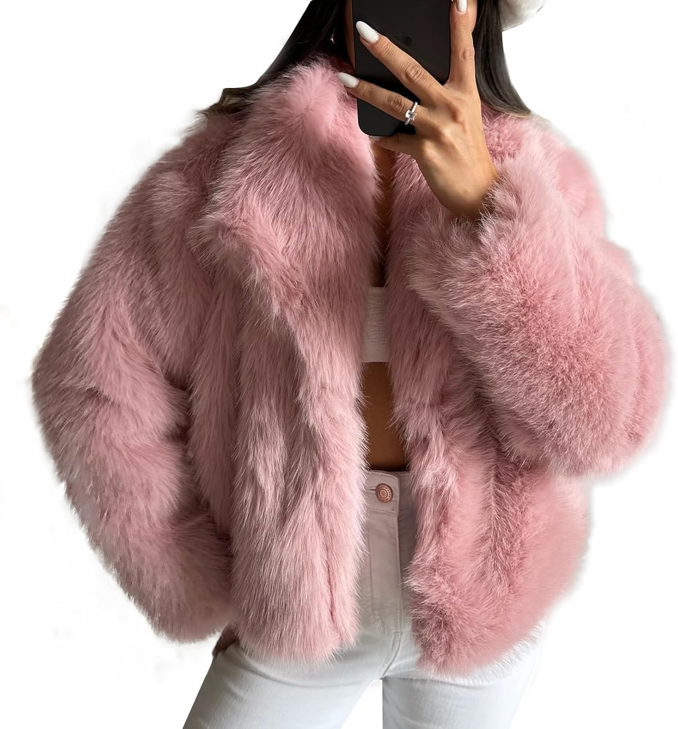 Flygo Damen Kunstpelzmantel Flauschige Kunstpelzjacke Langarm Revers Pelzige Winterjacken Zotteliger Parka Kurzer Mantel