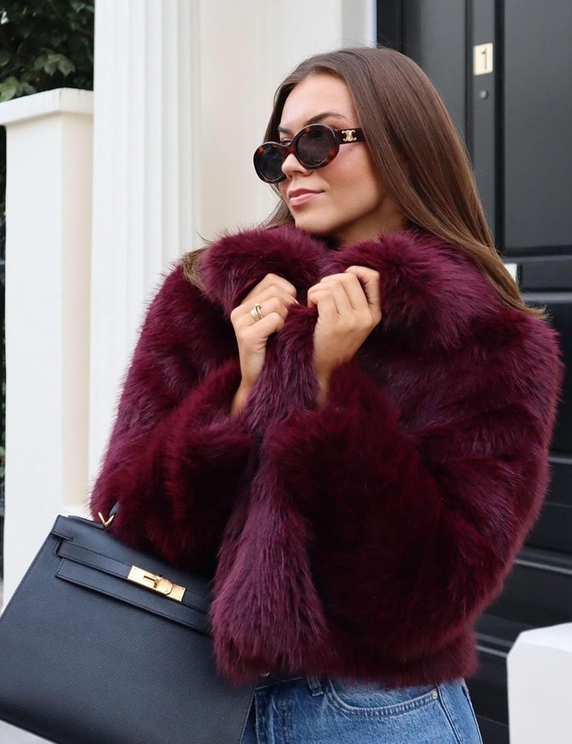 Flygo Damen Kunstpelzmantel Flauschige Kunstpelzjacke Langarm Revers Pelzige Winterjacken Zotteliger Parka Kurzer Mantel