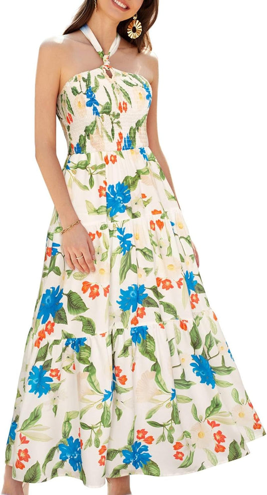 GRACE KARIN Damen Sommerkleider 2025 Neckholder Ärmellos Gesmoktes Rückenloses Cut-Out Blumenmuster Fließendes A-Linien Maxikleid