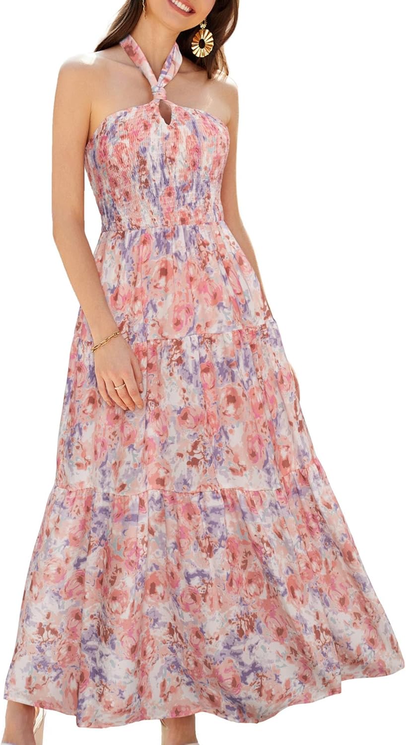 GRACE KARIN Damen Sommerkleider 2025 Neckholder Ärmellos Gesmoktes Rückenloses Cut-Out Blumenmuster Fließendes A-Linien Maxikleid