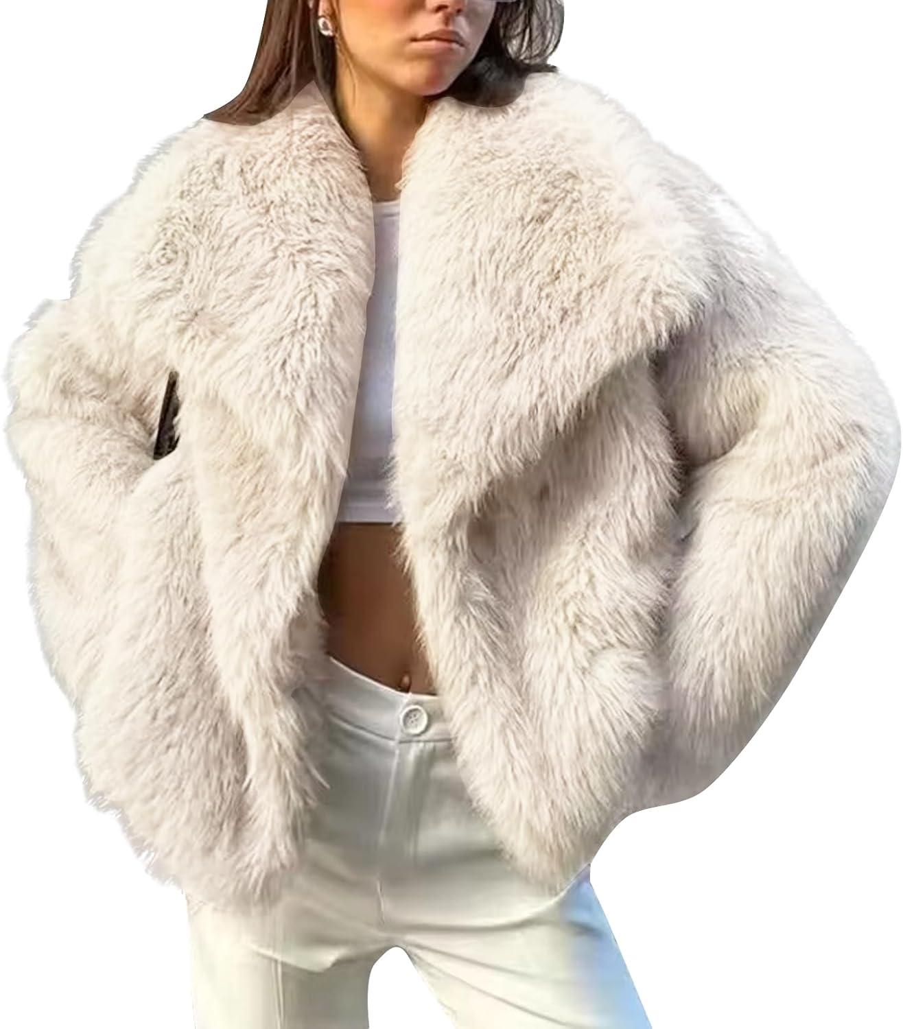 Flygo Damen Kunstpelzmantel Flauschige Kunstpelzjacke Langarm Revers Pelzige Winterjacken Zotteliger Parka Kurzer Mantel