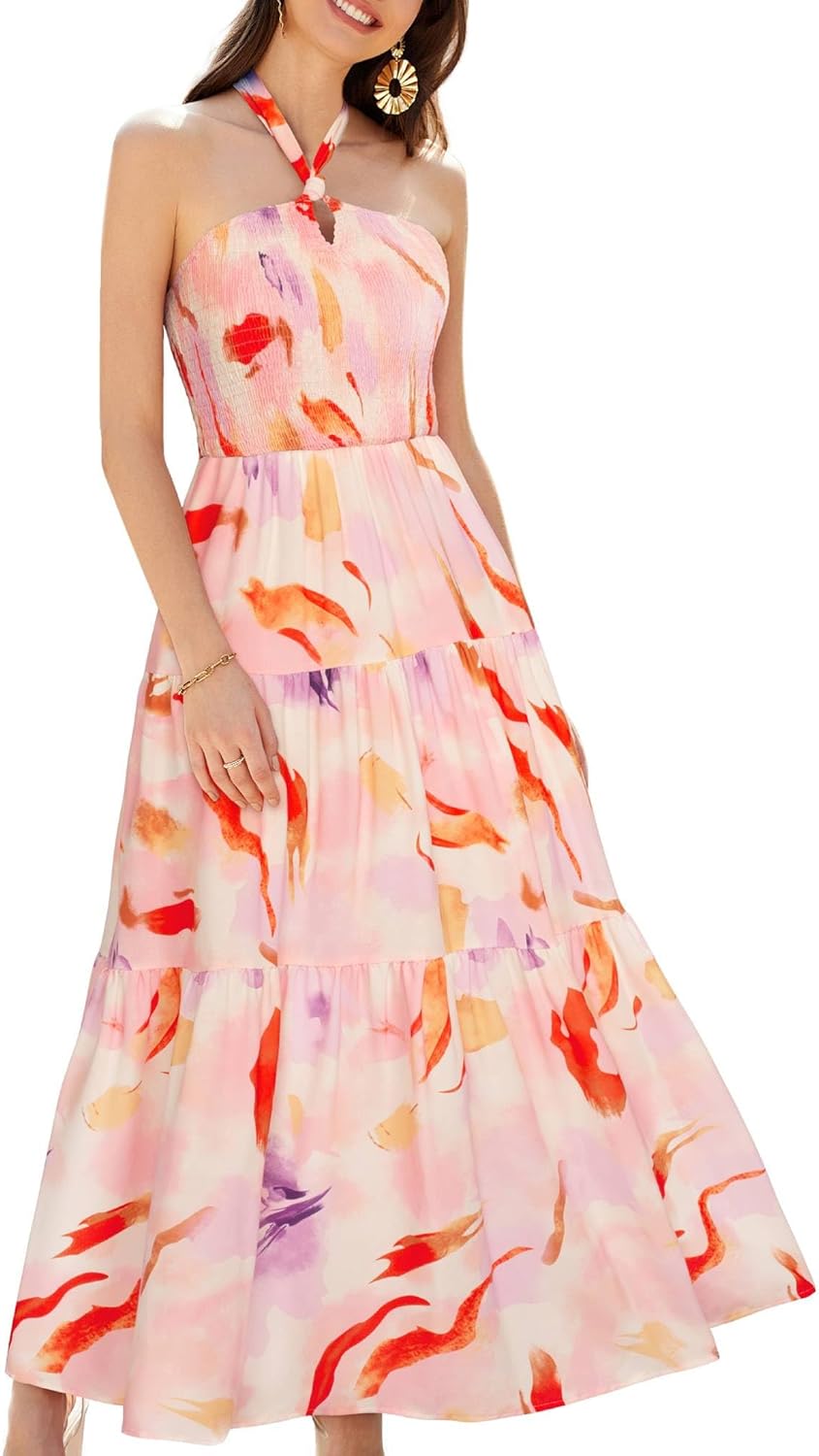 GRACE KARIN Damen Sommerkleider 2025 Neckholder Ärmellos Gesmoktes Rückenloses Cut-Out Blumenmuster Fließendes A-Linien Maxikleid