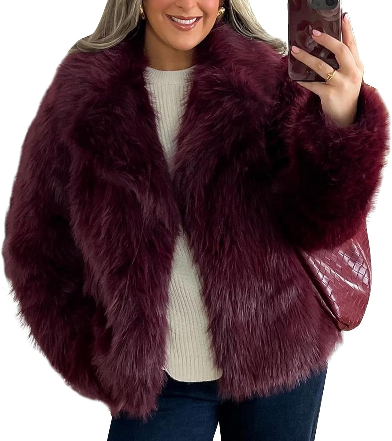 Flygo Damen Kunstpelzmantel Flauschige Kunstpelzjacke Langarm Revers Pelzige Winterjacken Zotteliger Parka Kurzer Mantel