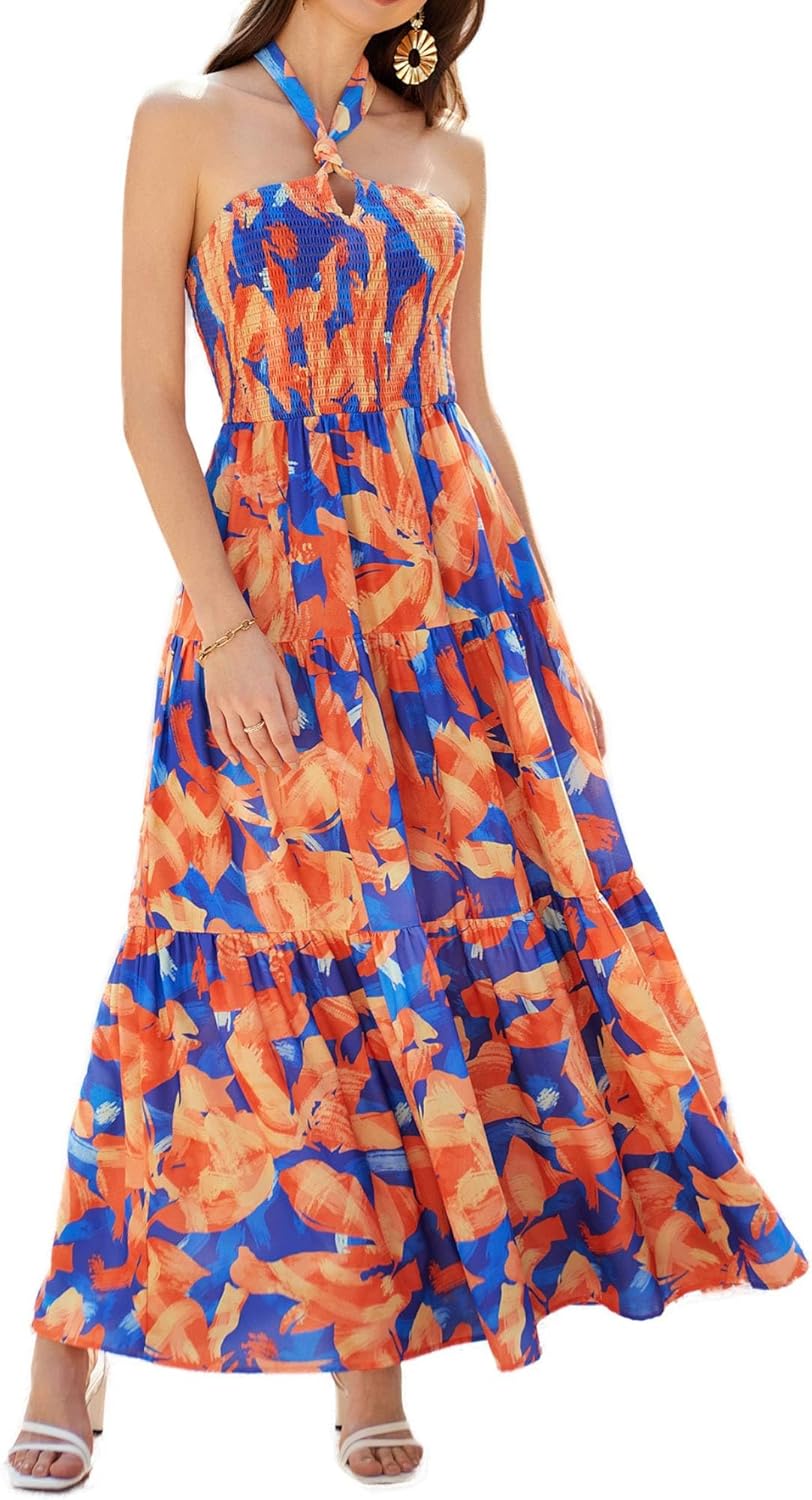 GRACE KARIN Damen Sommerkleider 2025 Neckholder Ärmellos Gesmoktes Rückenloses Cut-Out Blumenmuster Fließendes A-Linien Maxikleid