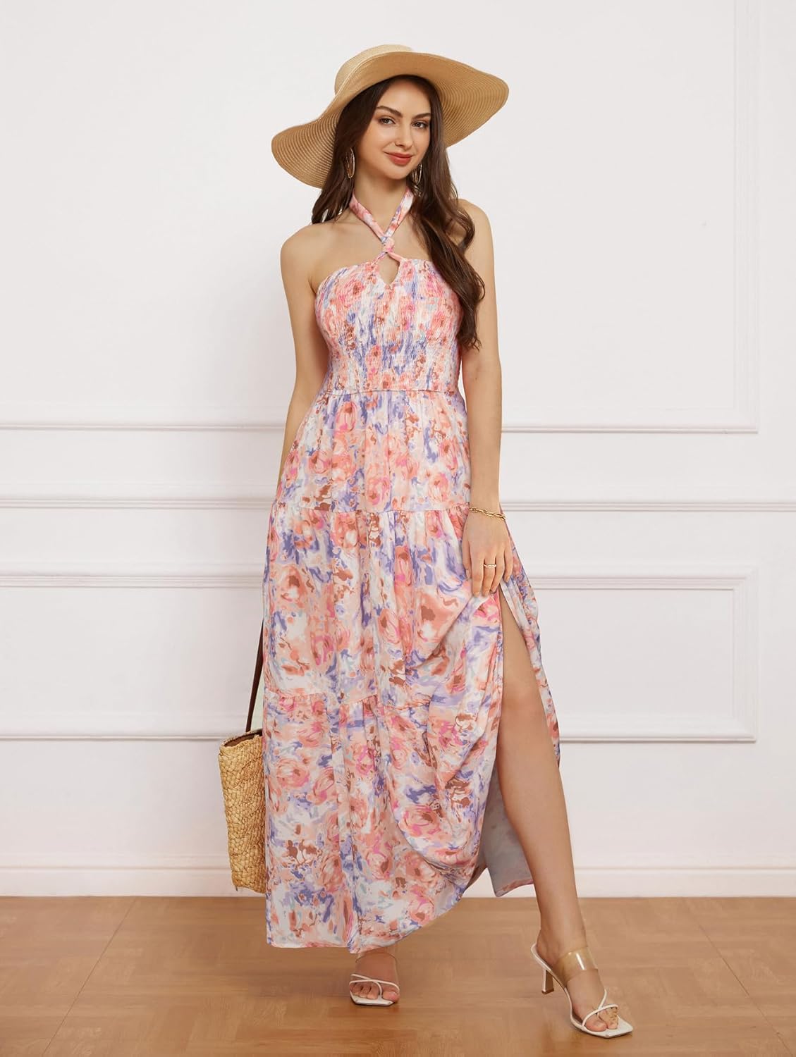 GRACE KARIN Damen Sommerkleider 2025 Neckholder Ärmellos Gesmoktes Rückenloses Cut-Out Blumenmuster Fließendes A-Linien Maxikleid