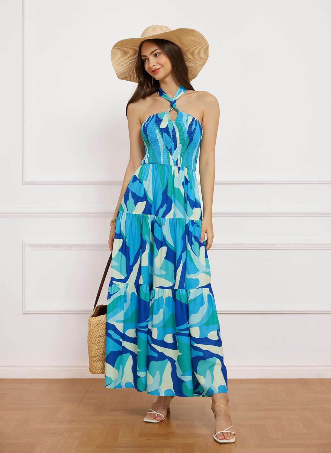 GRACE KARIN Damen Sommerkleider 2025 Neckholder Ärmellos Gesmoktes Rückenloses Cut-Out Blumenmuster Fließendes A-Linien Maxikleid