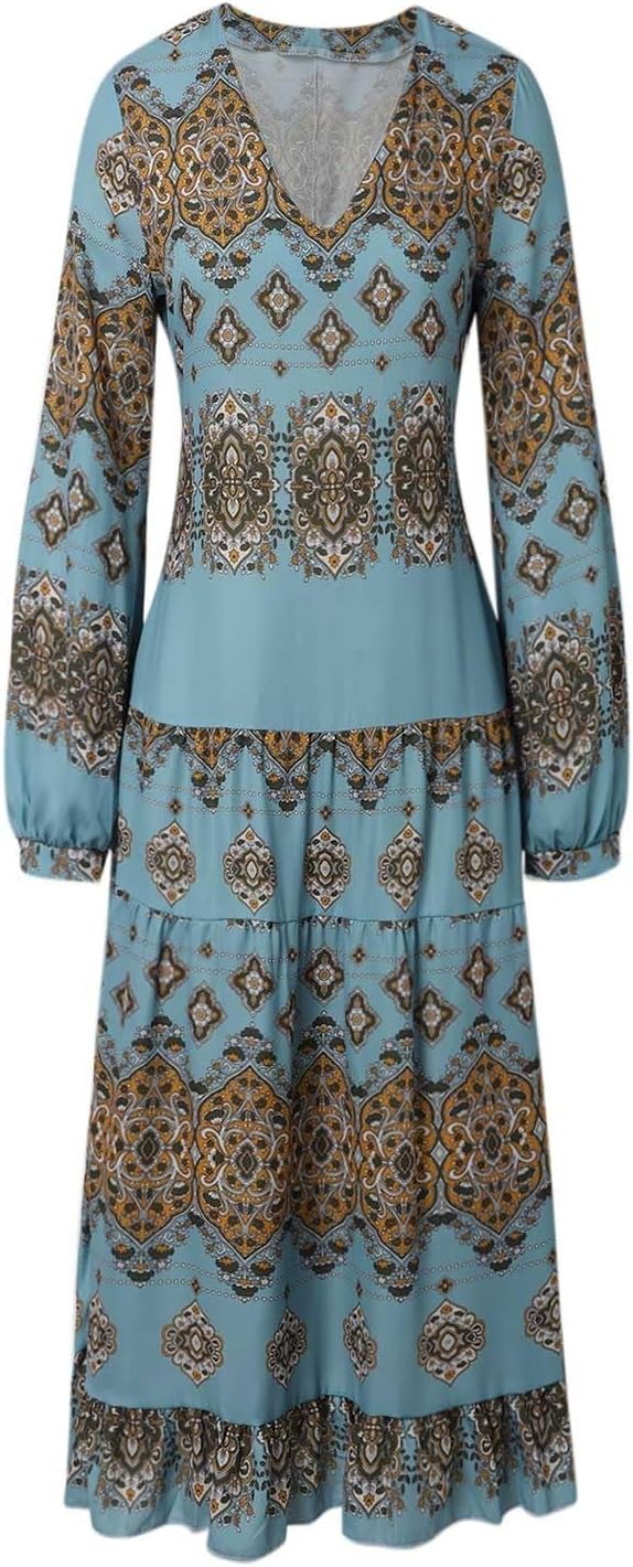 Damen fließendes ethnisches Puffärmel-Midikleid, lässiges Boho-Blumen-Swing-Kleid mit V-Ausschnitt, Urlaubskleid mit Rüschen und Gürtel