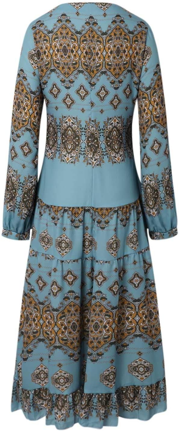 Damen fließendes ethnisches Puffärmel-Midikleid, lässiges Boho-Blumen-Swing-Kleid mit V-Ausschnitt, Urlaubskleid mit Rüschen und Gürtel
