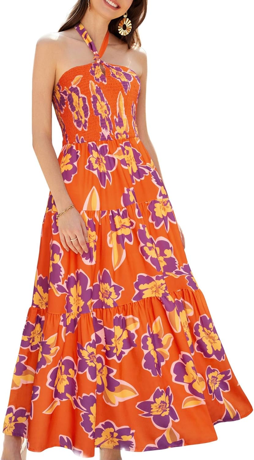 GRACE KARIN Damen Sommerkleider 2025 Neckholder Ärmellos Gesmoktes Rückenloses Cut-Out Blumenmuster Fließendes A-Linien Maxikleid