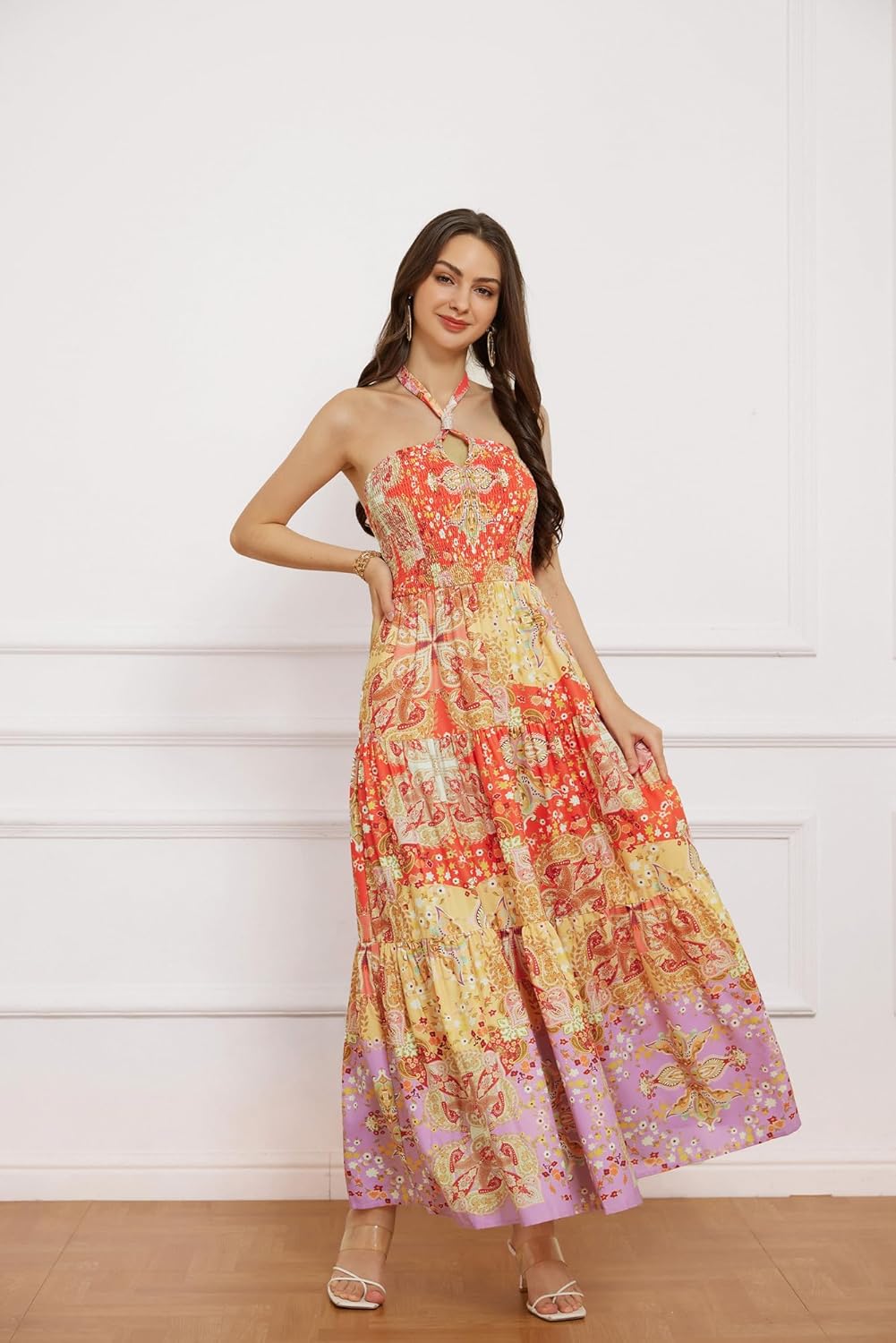 GRACE KARIN Damen Sommerkleider 2025 Neckholder Ärmellos Gesmoktes Rückenloses Cut-Out Blumenmuster Fließendes A-Linien Maxikleid