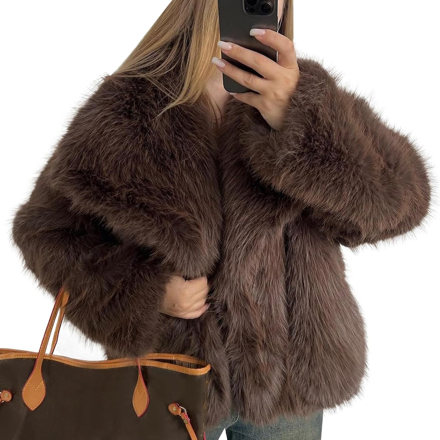 Flygo Damen Kunstpelzmantel Flauschige Kunstpelzjacke Langarm Revers Pelzige Winterjacken Zotteliger Parka Kurzer Mantel