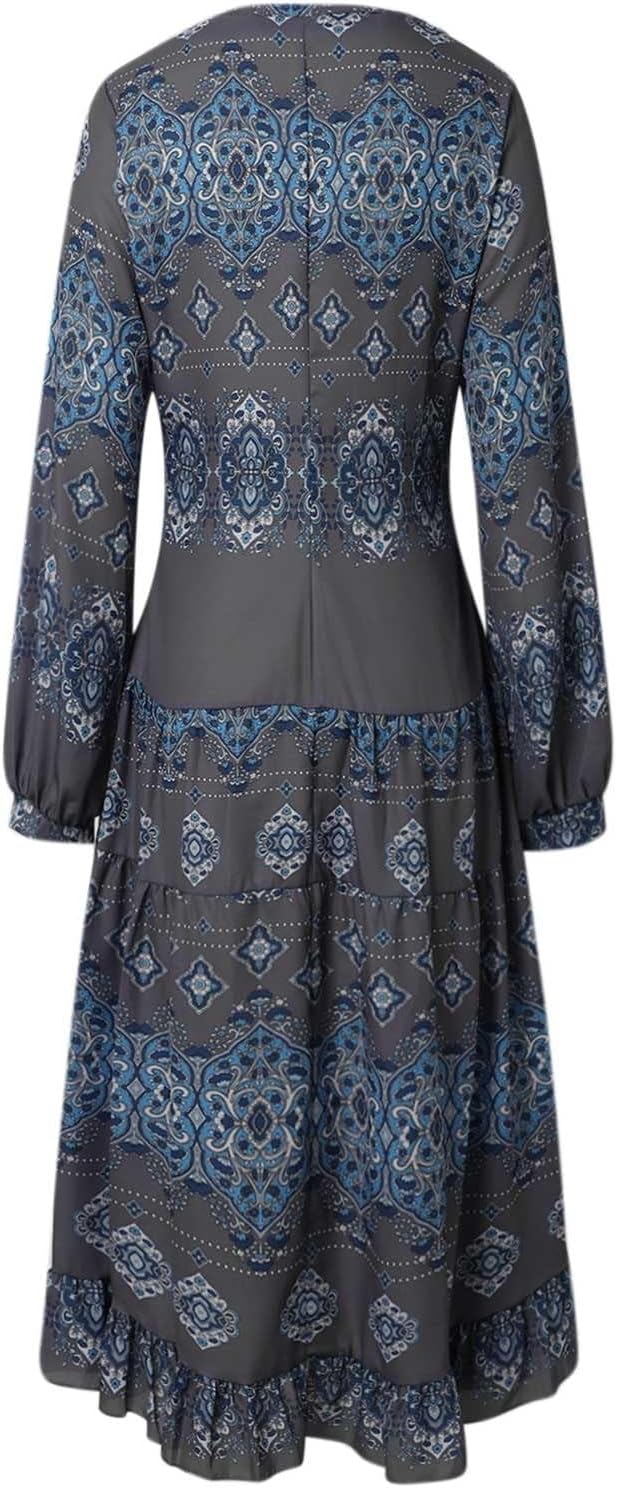 Damen fließendes ethnisches Puffärmel-Midikleid, lässiges Boho-Blumen-Swing-Kleid mit V-Ausschnitt, Urlaubskleid mit Rüschen und Gürtel
