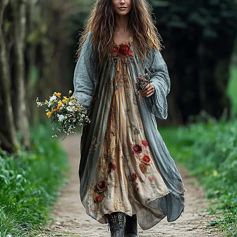 Maxikleid aus Leinenmix mit Blumenmuster Vintage-Rosen