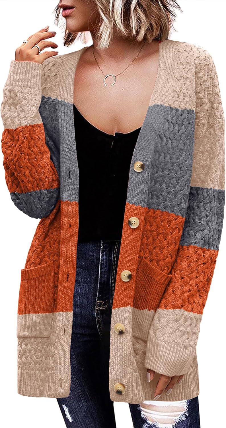 Zeagoo Womens 2024 Long Sleeve Chunky Cable Knit Fall Cardigans Sweaters Button Down Open Front Outerwear with Pockets