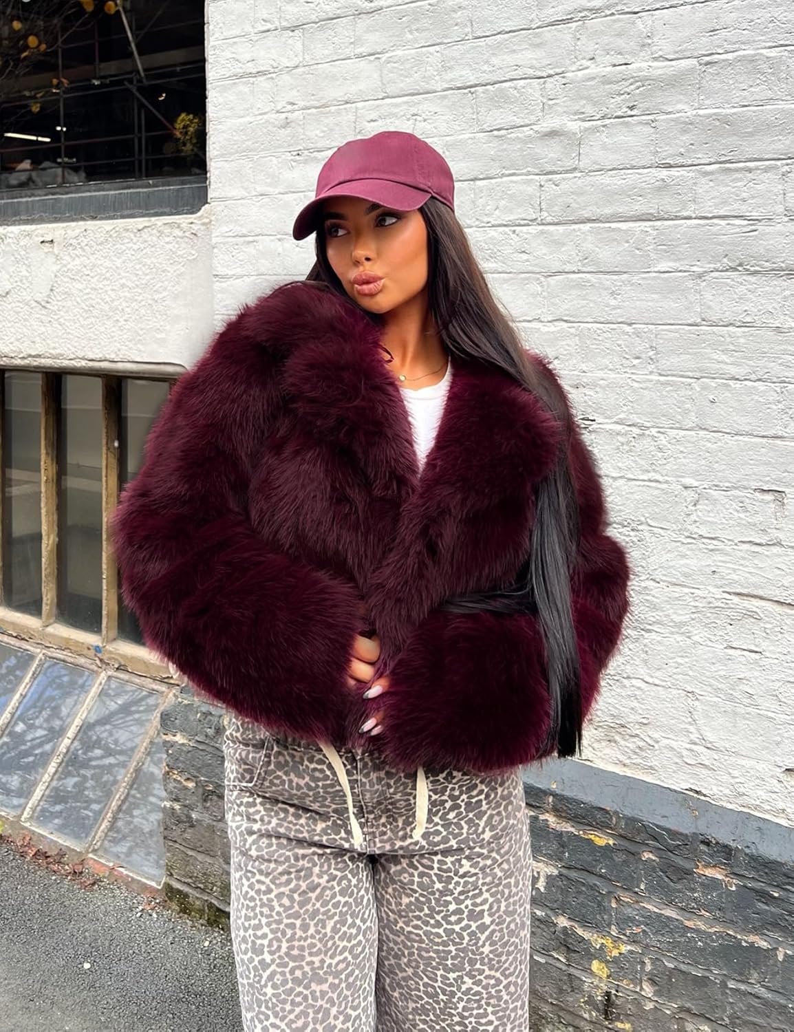 Flygo Damen Kunstpelzmantel Flauschige Kunstpelzjacke Langarm Revers Pelzige Winterjacken Zotteliger Parka Kurzer Mantel