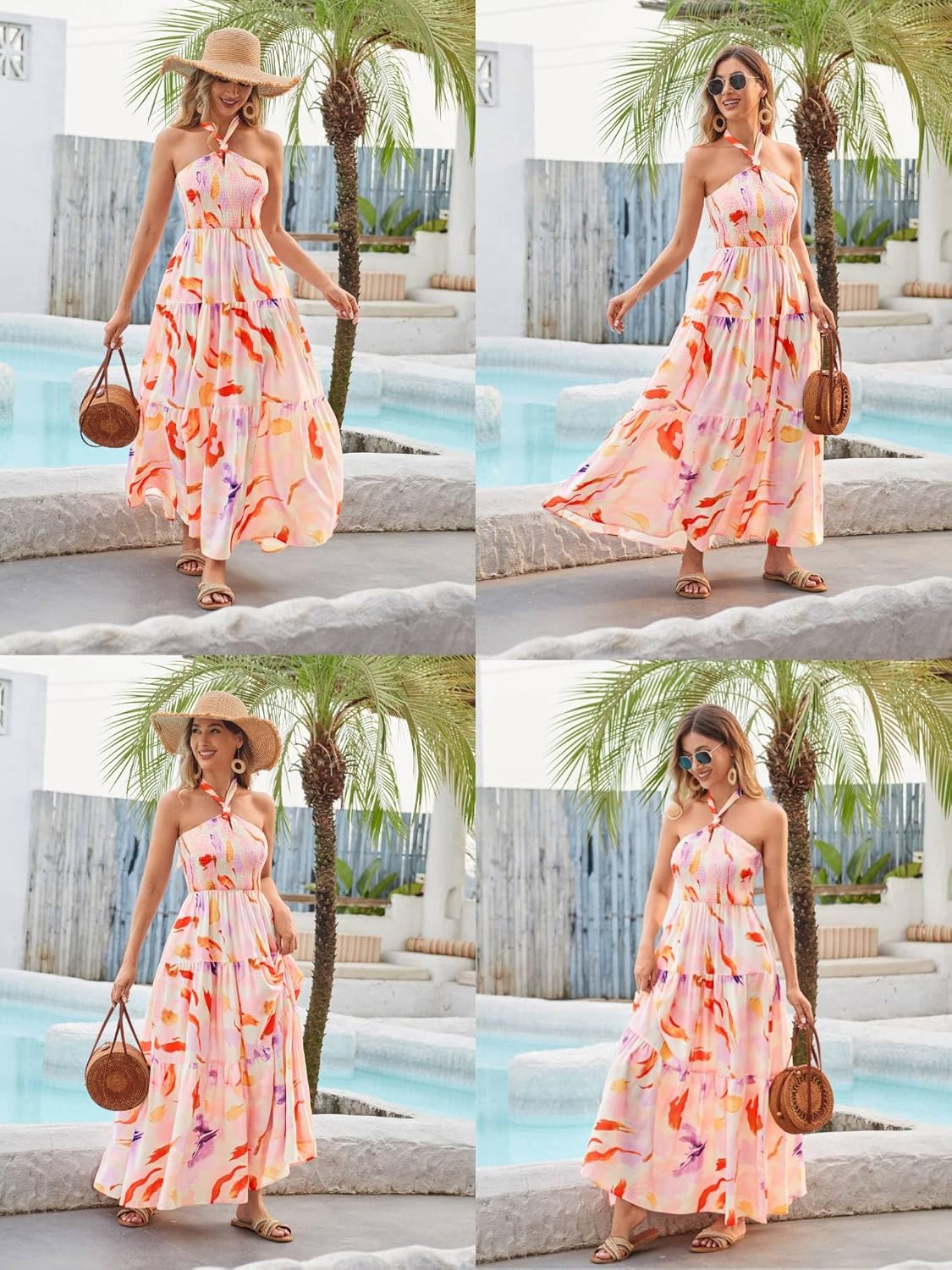 GRACE KARIN Damen Sommerkleider 2025 Neckholder Ärmellos Gesmoktes Rückenloses Cut-Out Blumenmuster Fließendes A-Linien Maxikleid