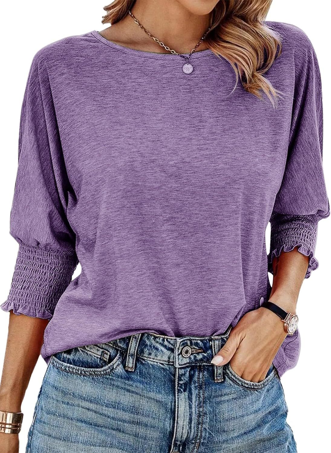 Damen Basic T-Shirt mit Rundhalsausschnitt und 3/4-Ärmeln (3 kaufen, gratis Versand)