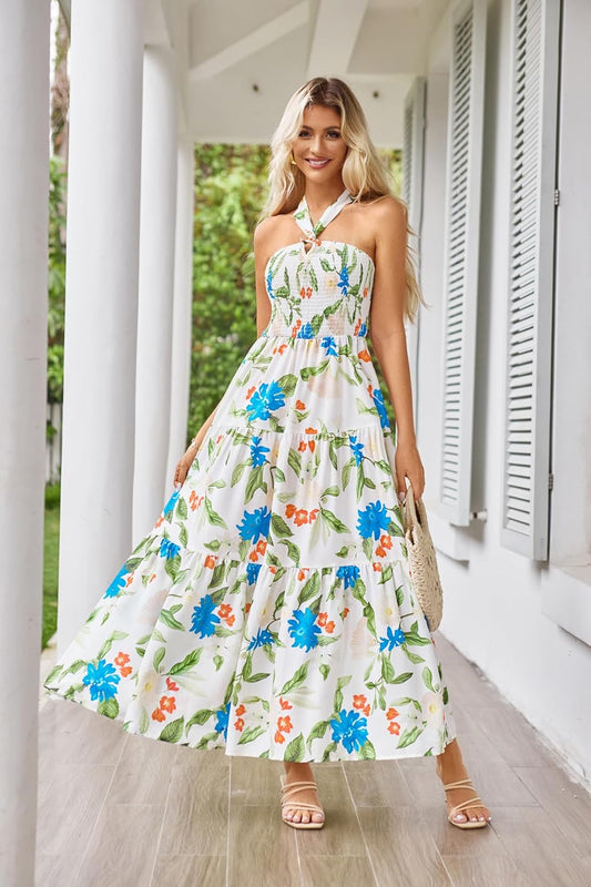 GRACE KARIN Damen Sommerkleider 2025 Neckholder Ärmellos Gesmoktes Rückenloses Cut-Out Blumenmuster Fließendes A-Linien Maxikleid