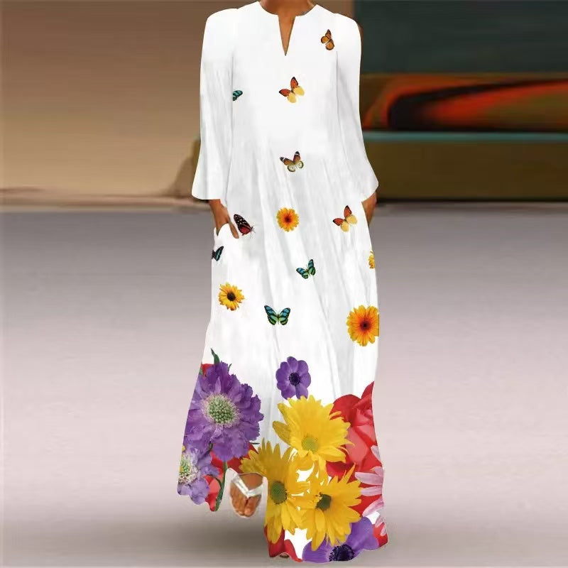 Damenkleid mit weißem Blumendruck, V-Ausschnitt und langen Ärmeln