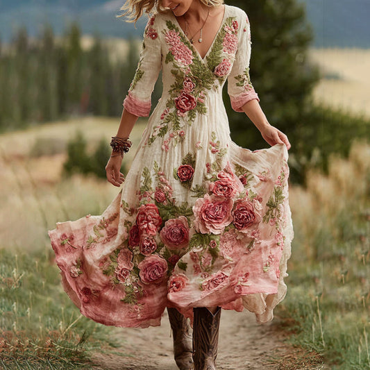 Women's Vintage Rose Floral Art V Neck Linen Blend Comfy Maxi Dress