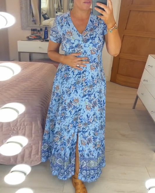 (💃Mega-Sale - 45% RABATT🔥)Geblümtes V-Ausschnitt-Kleid
