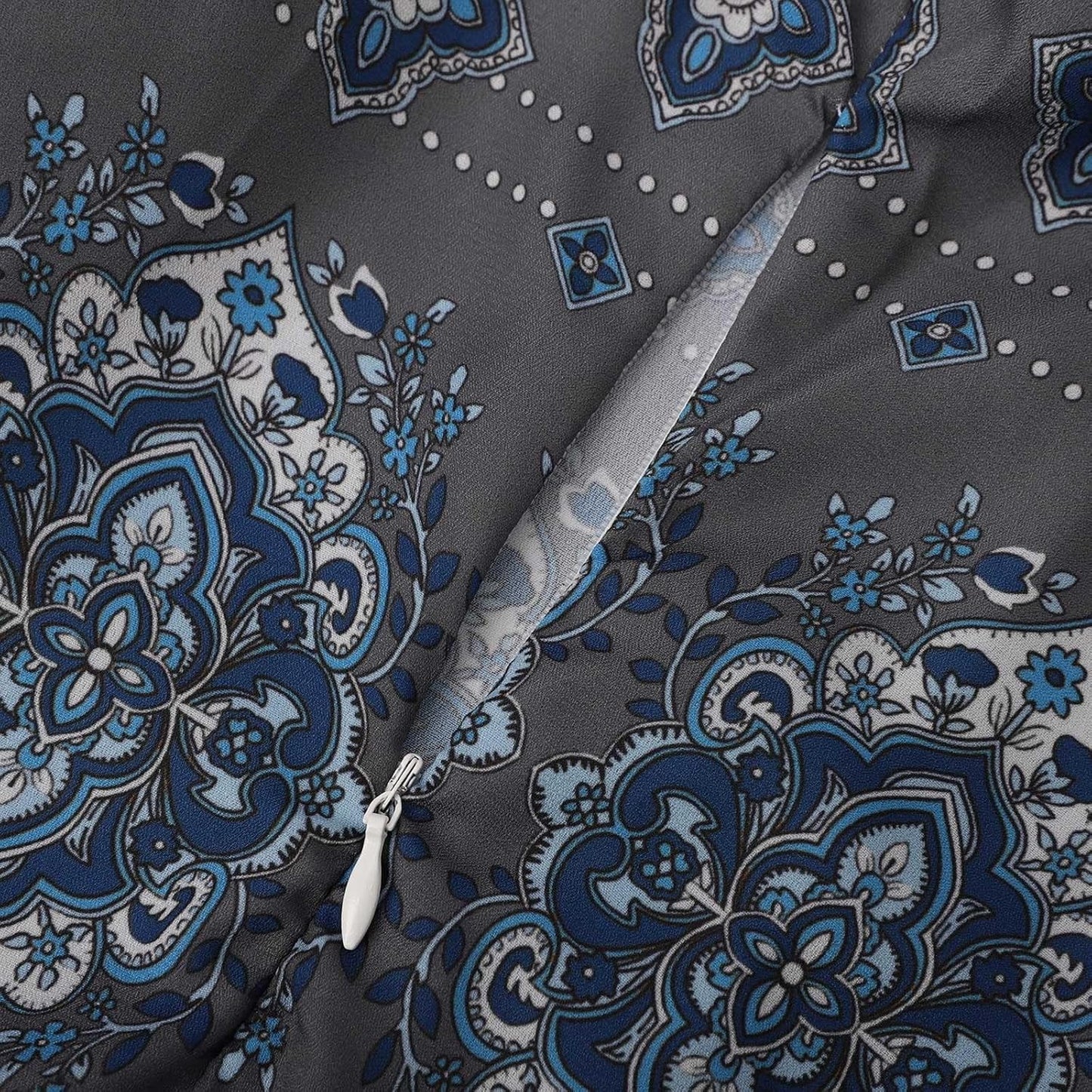 Damen fließendes ethnisches Puffärmel-Midikleid, lässiges Boho-Blumen-Swing-Kleid mit V-Ausschnitt, Urlaubskleid mit Rüschen und Gürtel