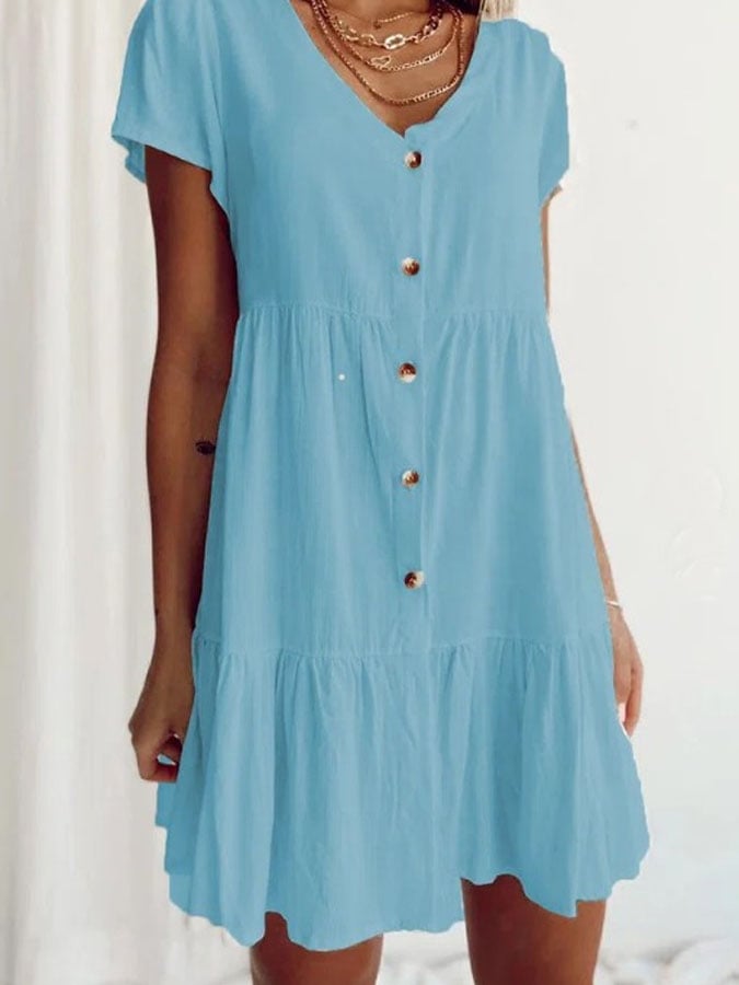 Damen Kurzarm Freizeit Einfarbig V-Ausschnitt Kleid
