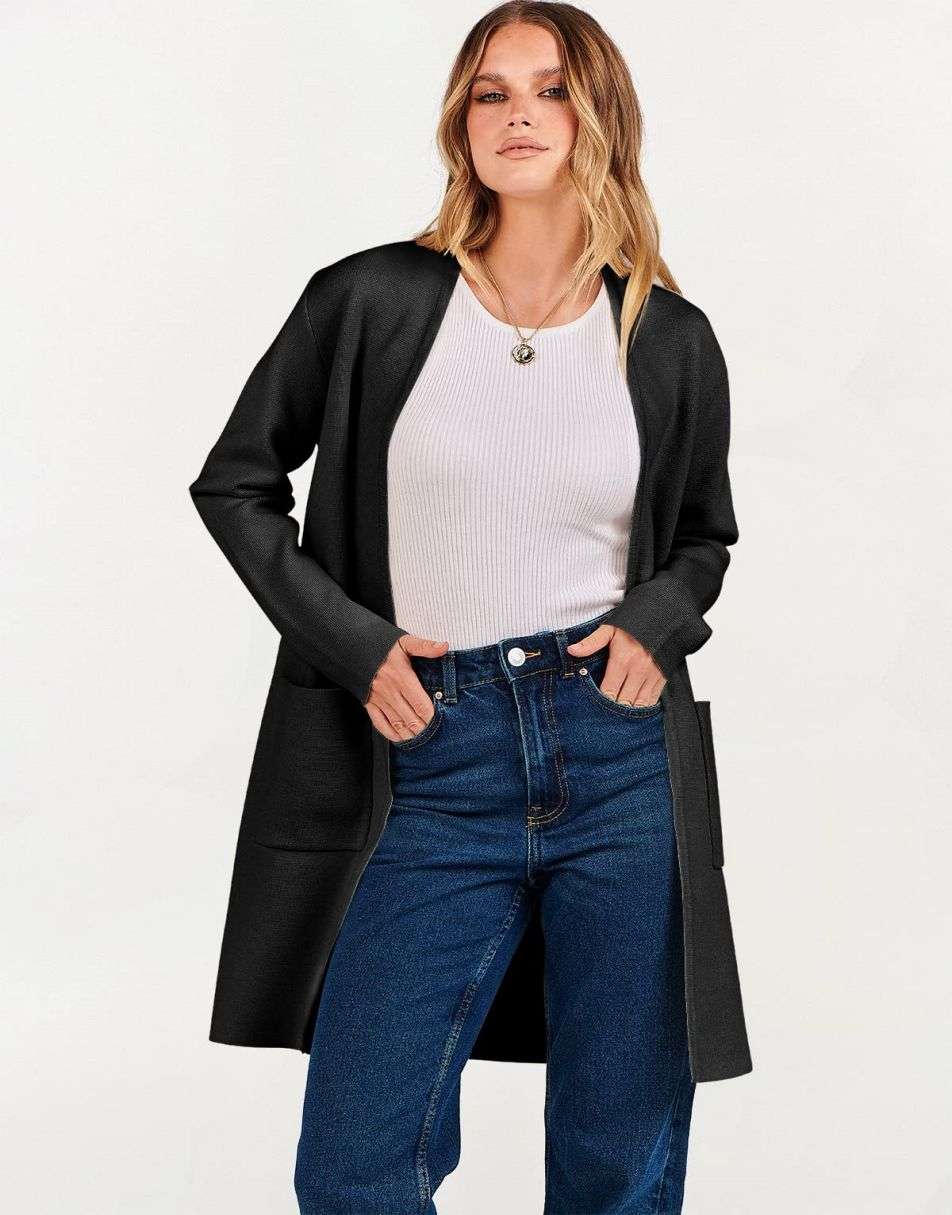 ANRABESS Cardigan-Pullover für Damen, lässig, Herbst Winter 2023, modischer Mantel, Langarm, offener Strick-Coatigan, Kleidung