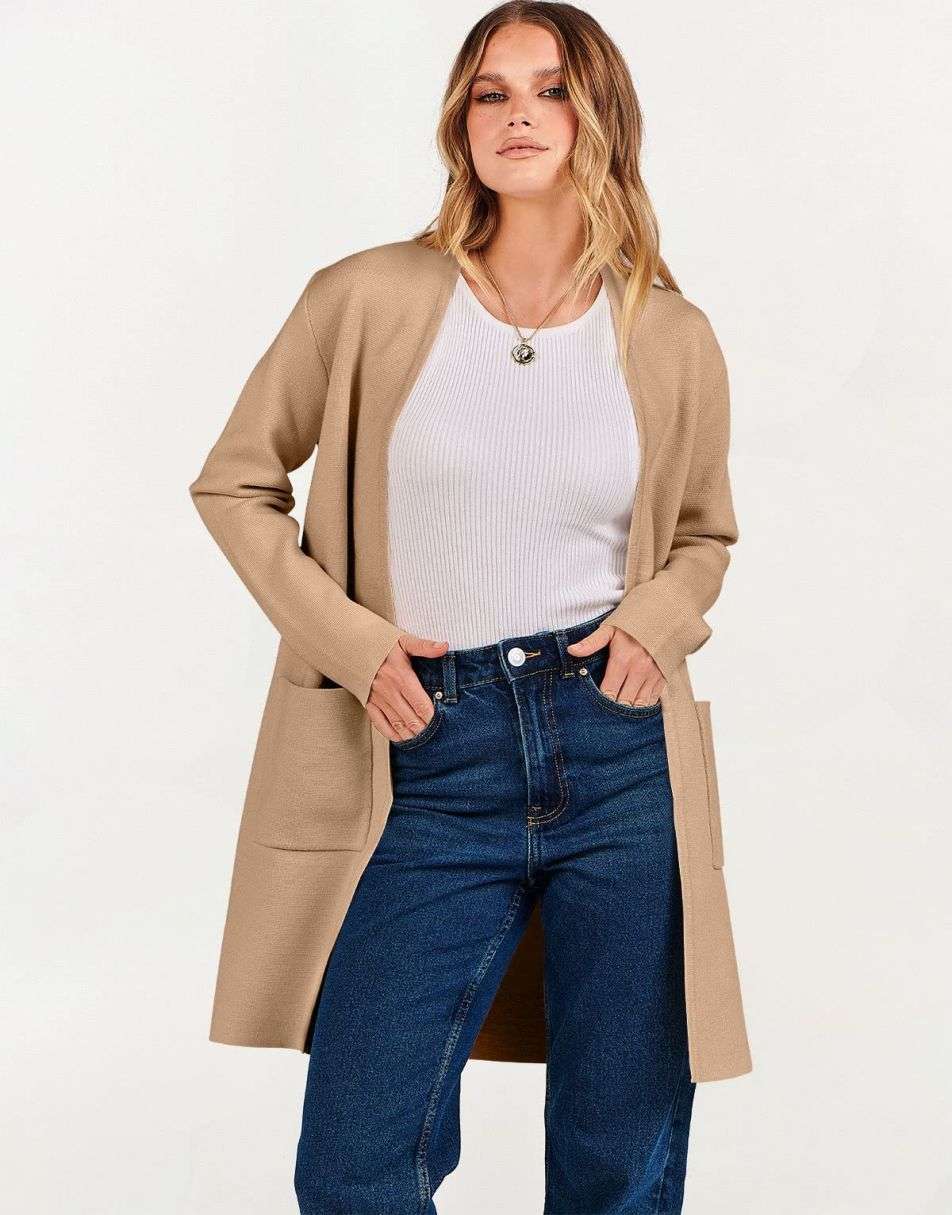 ANRABESS Cardigan-Pullover für Damen, lässig, Herbst Winter 2023, modischer Mantel, Langarm, offener Strick-Coatigan, Kleidung