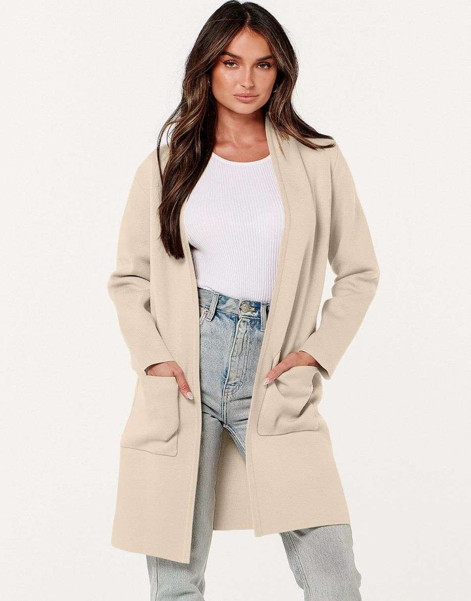 ANRABESS Cardigan-Pullover für Damen, lässig, Herbst Winter 2023, modischer Mantel, Langarm, offener Strick-Coatigan, Kleidung