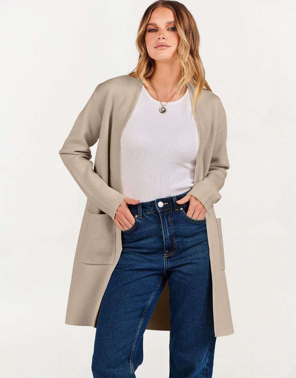 ANRABESS Cardigan-Pullover für Damen, lässig, Herbst Winter 2023, modischer Mantel, Langarm, offener Strick-Coatigan, Kleidung