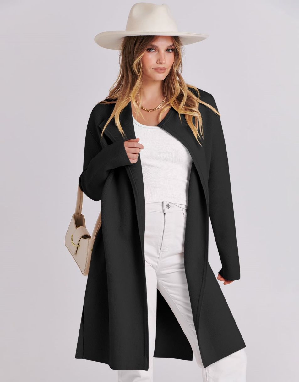 ANRABESS Damen Lässige Langarm Elegante Drapierte Offene Strickjacke Langer Cardigan Pullover