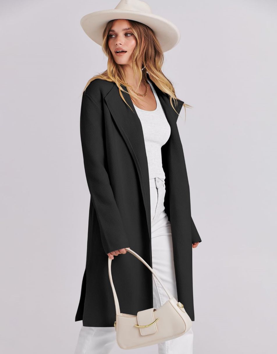 ANRABESS Damen Lässige Langarm Elegante Drapierte Offene Strickjacke Langer Cardigan Pullover