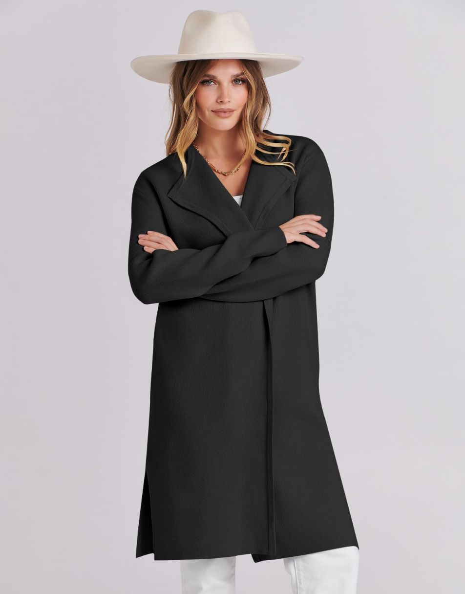 ANRABESS Damen Lässige Langarm Elegante Drapierte Offene Strickjacke Langer Cardigan Pullover