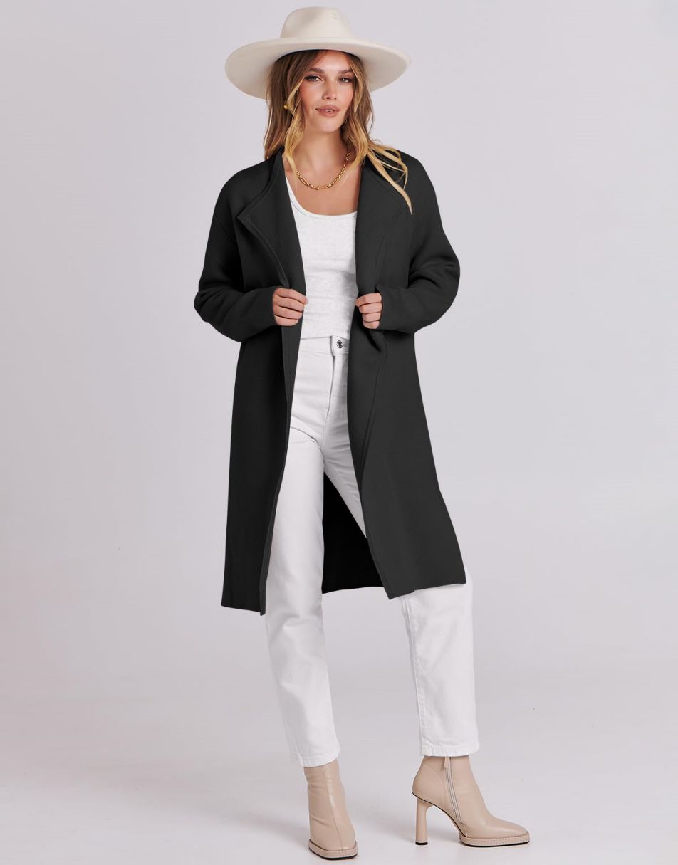 ANRABESS Damen Lässige Langarm Elegante Drapierte Offene Strickjacke Langer Cardigan Pullover