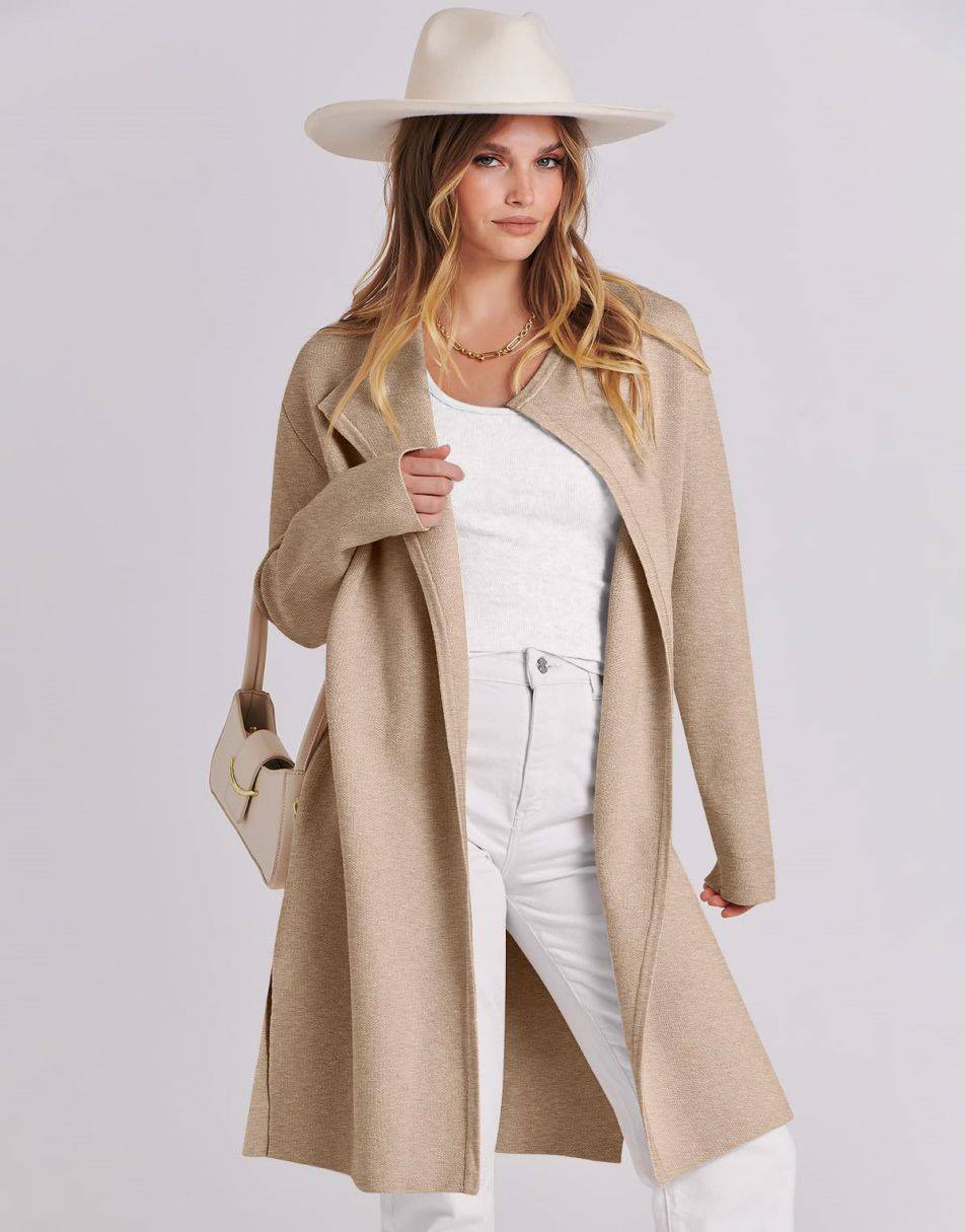 ANRABESS Damen Lässige Langarm Elegante Drapierte Offene Strickjacke Langer Cardigan Pullover