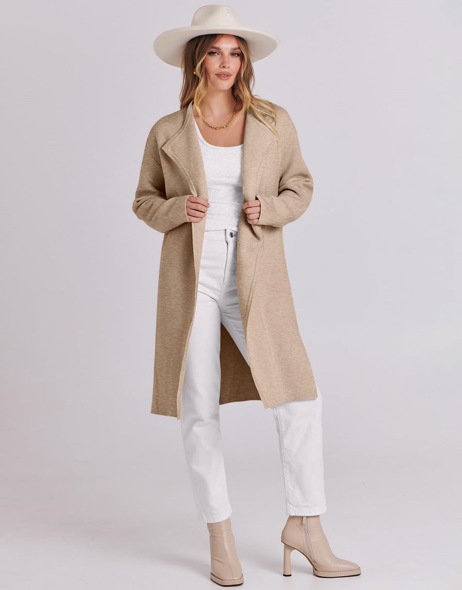 ANRABESS Damen Lässige Langarm Elegante Drapierte Offene Strickjacke Langer Cardigan Pullover