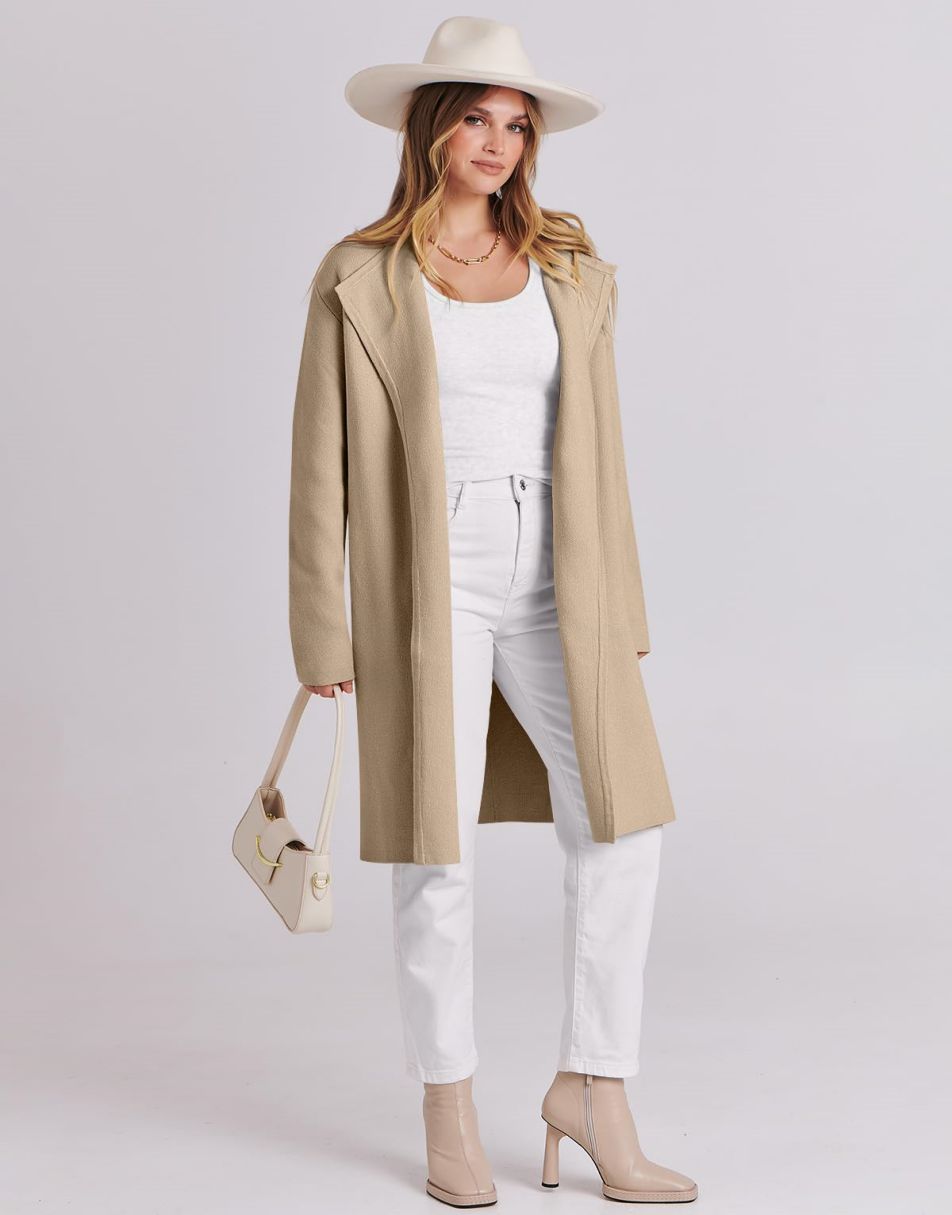 ANRABESS Damen Lässige Langarm Elegante Drapierte Offene Strickjacke Langer Cardigan Pullover