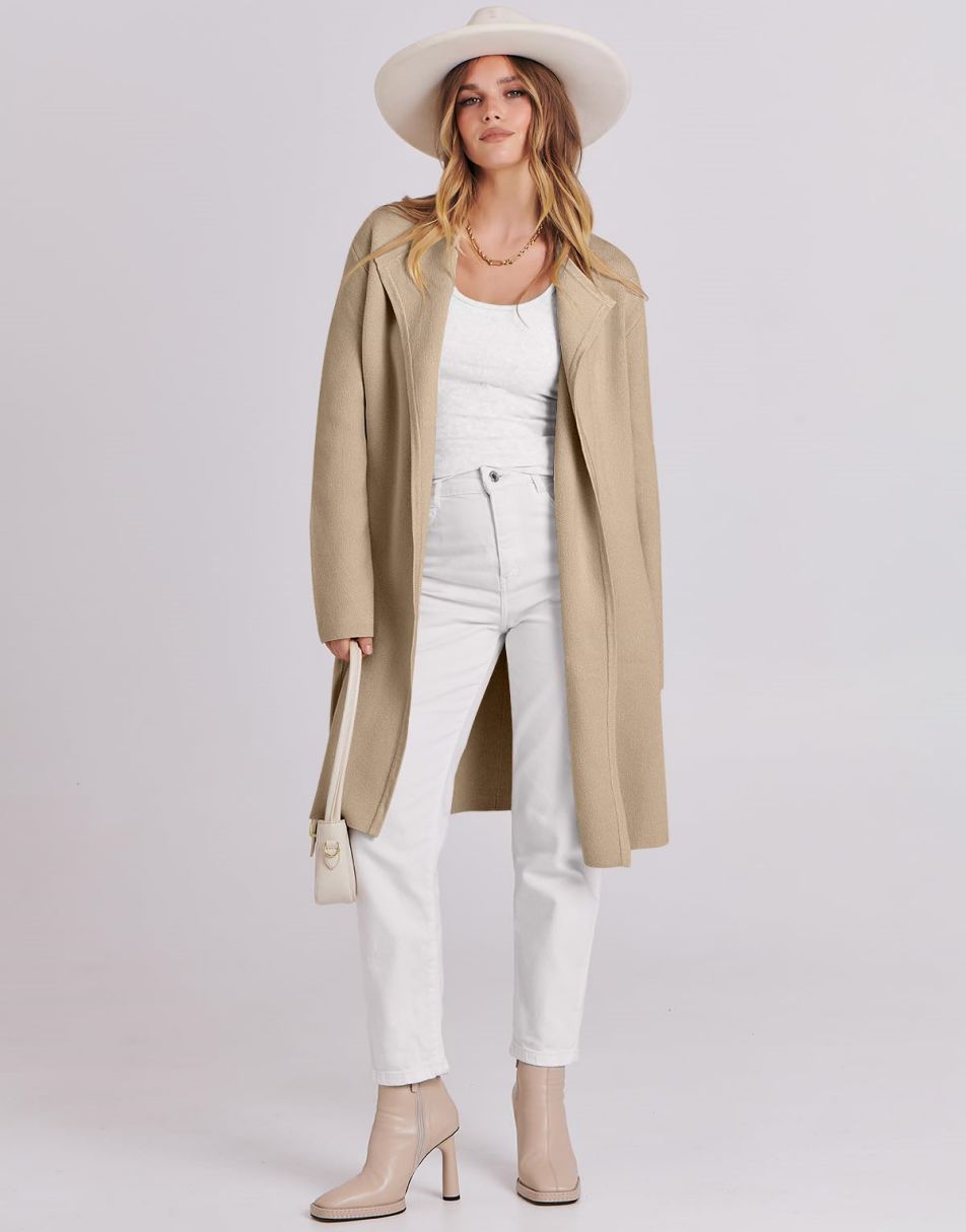 ANRABESS Damen Lässige Langarm Elegante Drapierte Offene Strickjacke Langer Cardigan Pullover