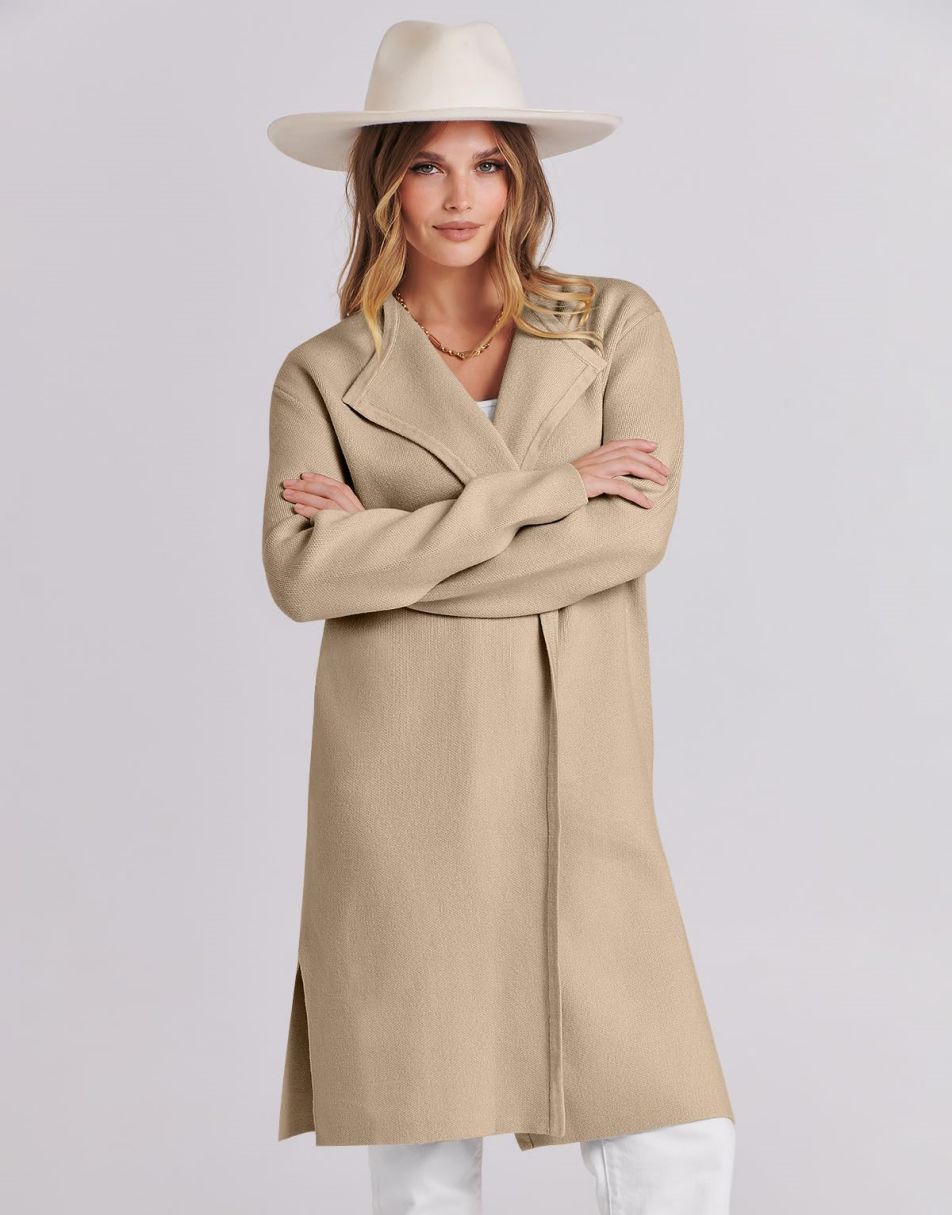 ANRABESS Damen Lässige Langarm Elegante Drapierte Offene Strickjacke Langer Cardigan Pullover