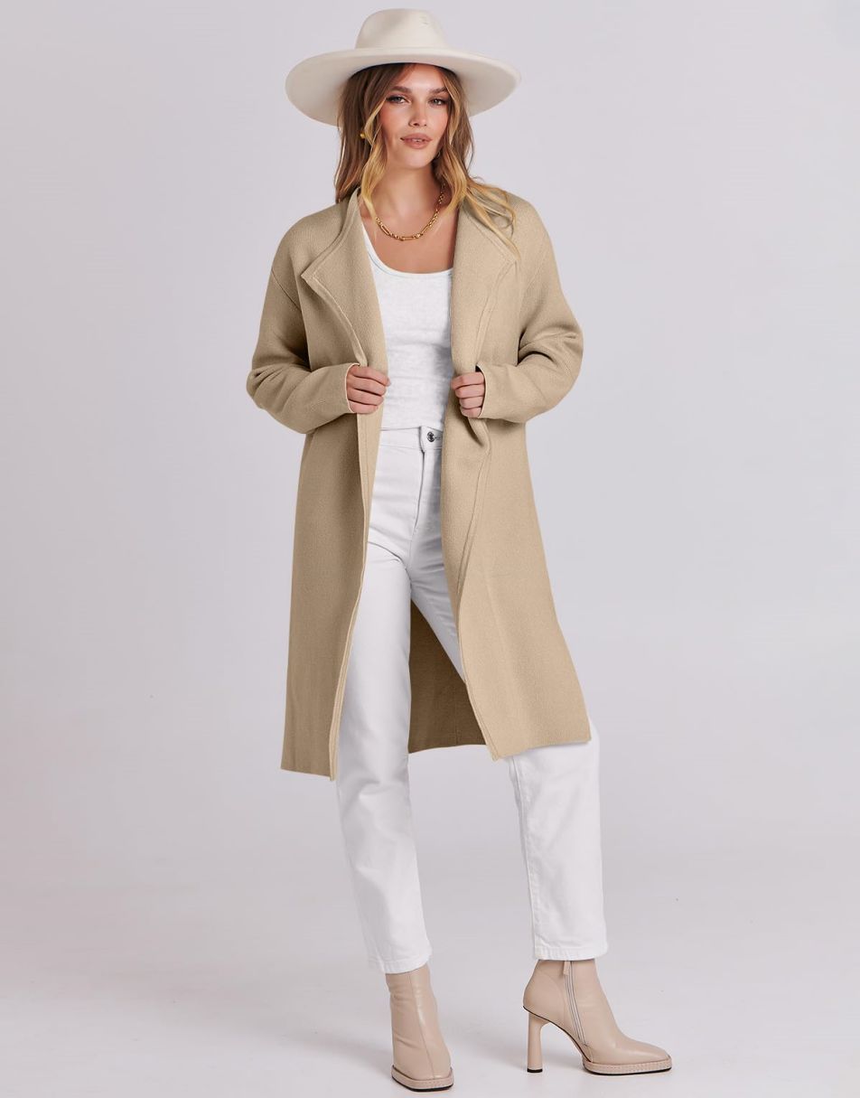 ANRABESS Damen Lässige Langarm Elegante Drapierte Offene Strickjacke Langer Cardigan Pullover