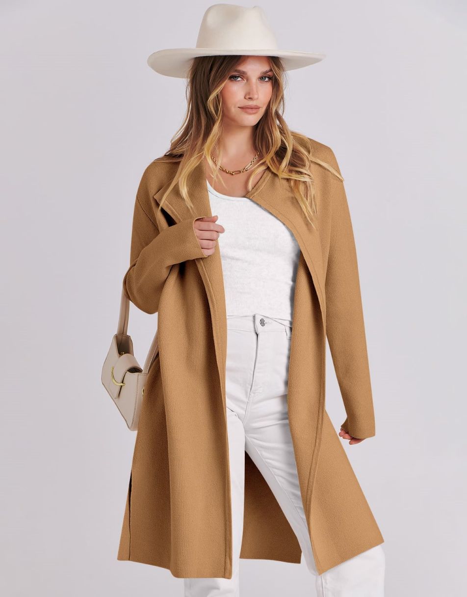 ANRABESS Damen Lässige Langarm Elegante Drapierte Offene Strickjacke Langer Cardigan Pullover