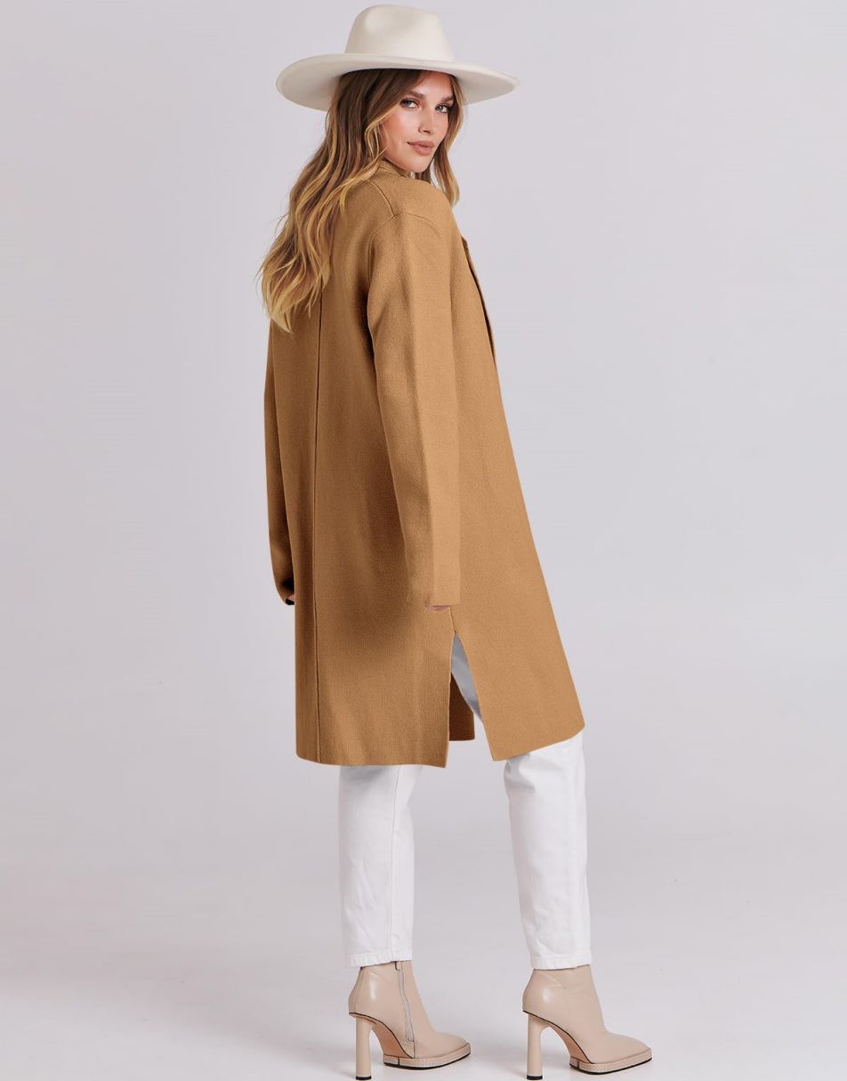 ANRABESS Damen Lässige Langarm Elegante Drapierte Offene Strickjacke Langer Cardigan Pullover
