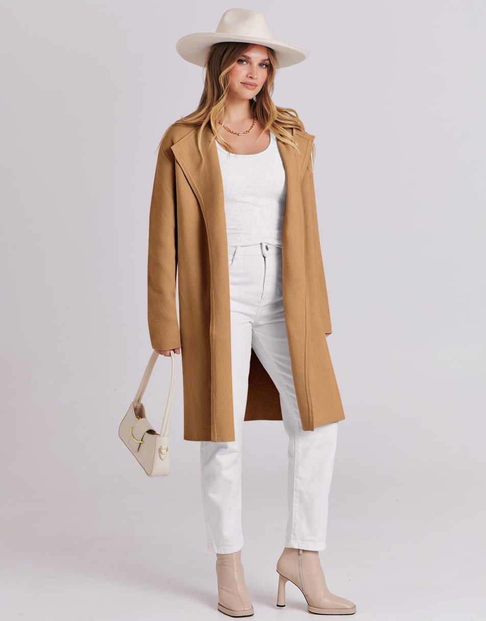 ANRABESS Damen Lässige Langarm Elegante Drapierte Offene Strickjacke Langer Cardigan Pullover