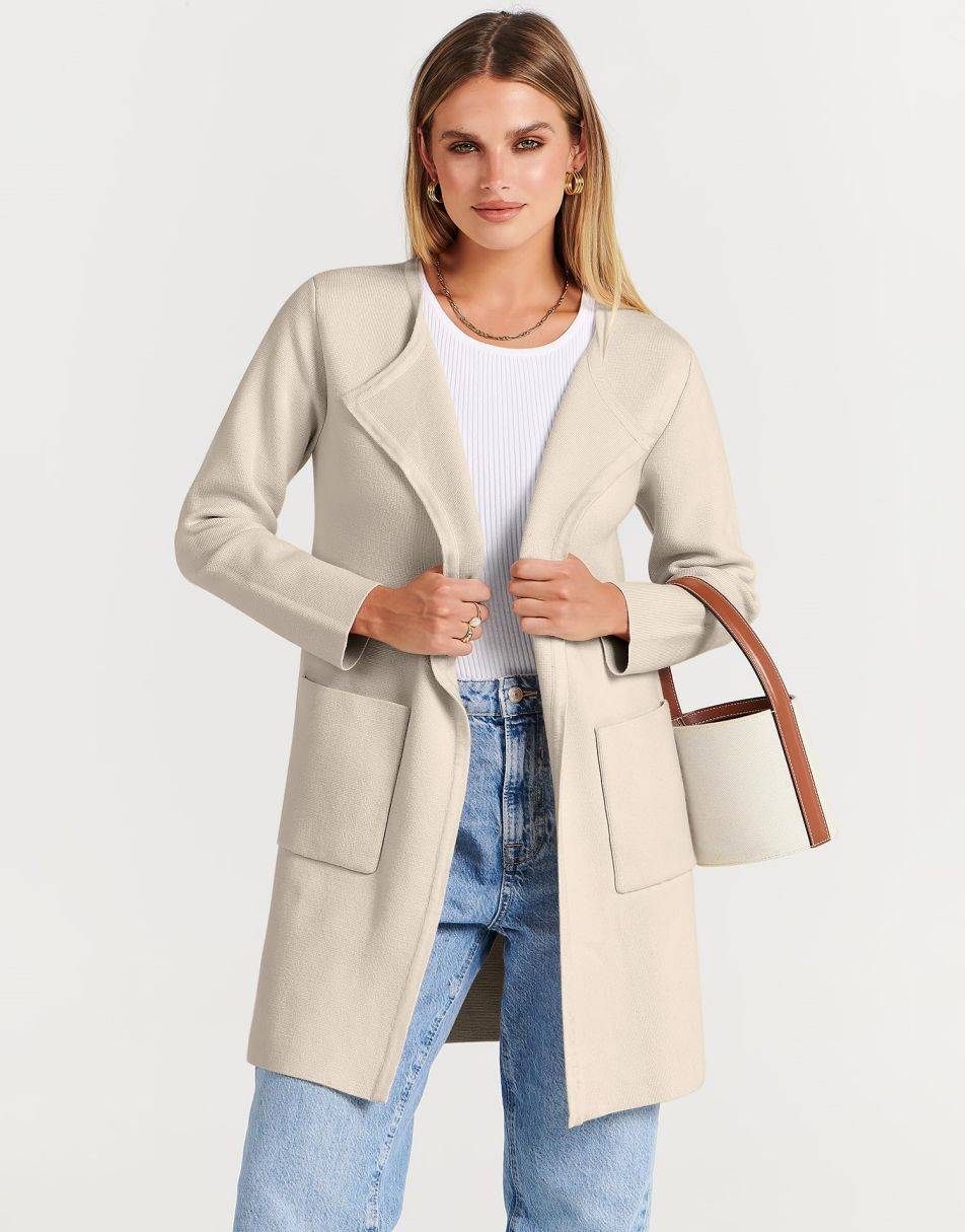 ANRABESS Damen Strickjacke mit offenem Vorderteil, Langarm, Revers, lässig, einfarbig, edel, Pullover-Jacke