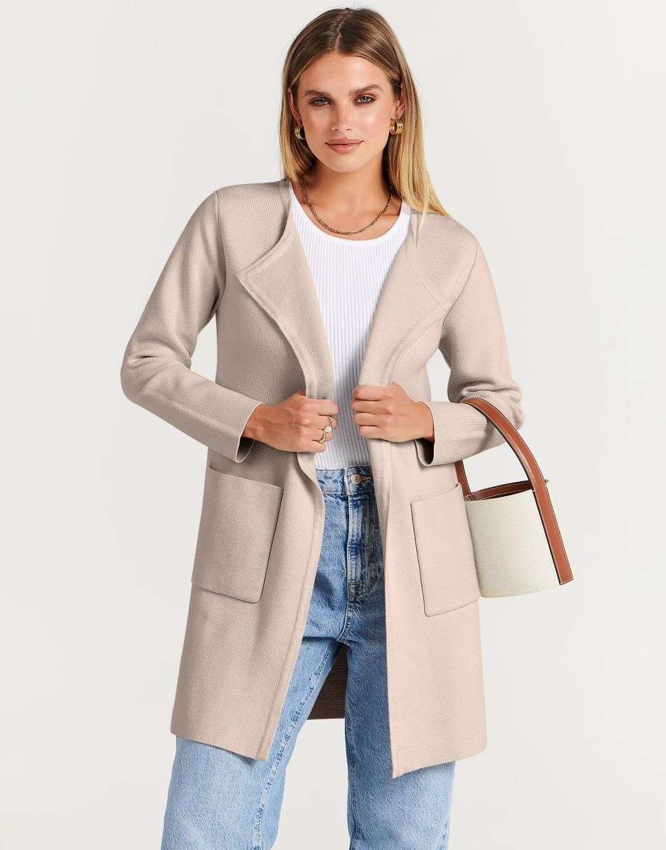 ANRABESS Damen Strickjacke mit offenem Vorderteil, Langarm, Revers, lässig, einfarbig, edel, Pullover-Jacke