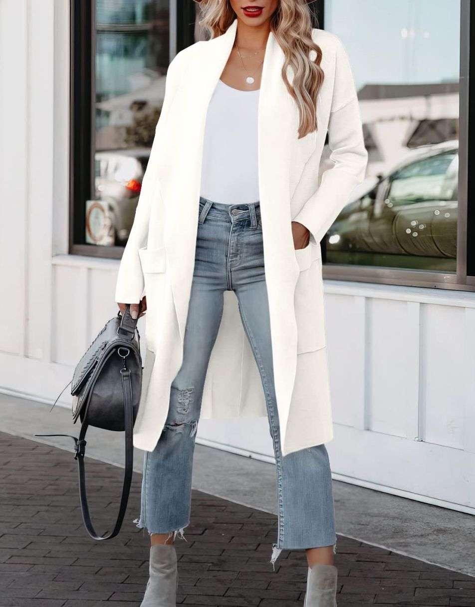 ANRABESS Damen Freizeit Langarm Drapierter Offener Strick Cardigan Jacken Pullover mit Taschen