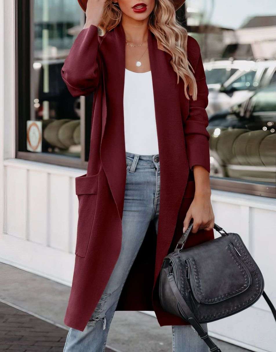 ANRABESS Damen Freizeit Langarm Drapierter Offener Strick Cardigan Jacken Pullover mit Taschen