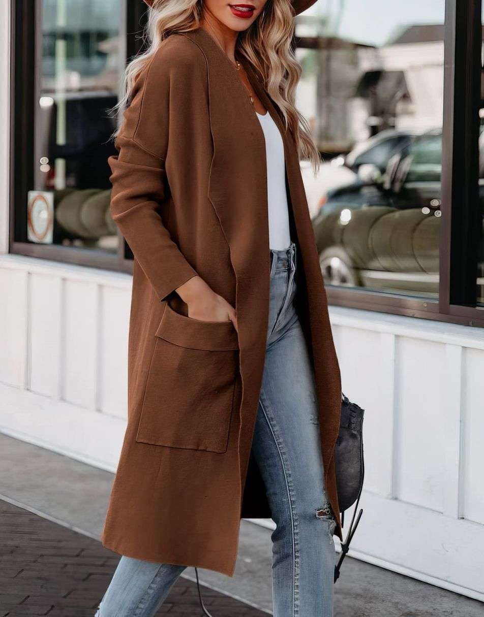 ANRABESS Damen Freizeit Langarm Drapierter Offener Strick Cardigan Jacken Pullover mit Taschen