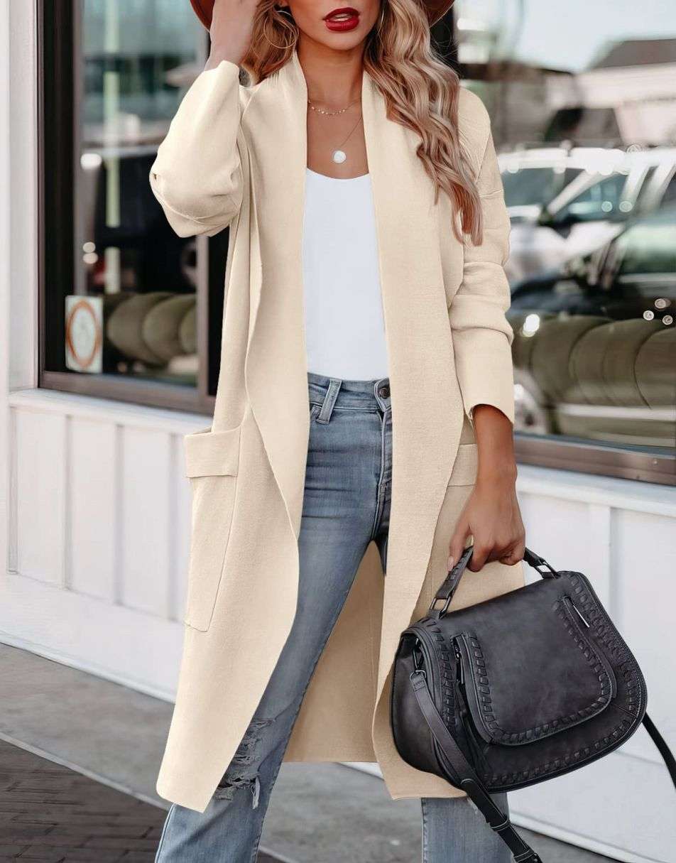 ANRABESS Damen Freizeit Langarm Drapierter Offener Strick Cardigan Jacken Pullover mit Taschen